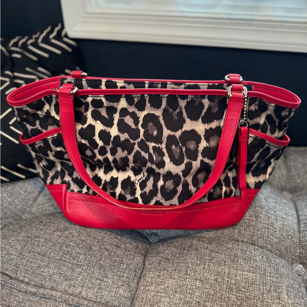 Coach Red and Black Leopard Print Tote
